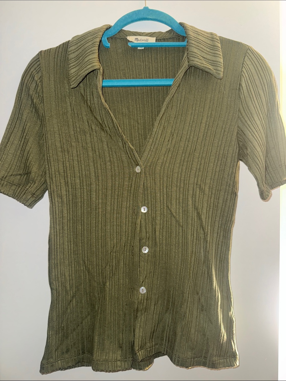 Madewell Olive Ribbed Short-Sleeve Button-Front Shirt